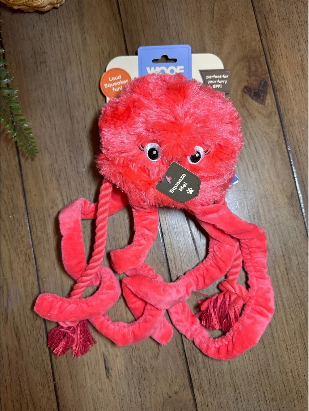 Woof Crew Octopus Dog Toy – coral color,Squeaky, Crinkle & Tug Rope | SKU 379